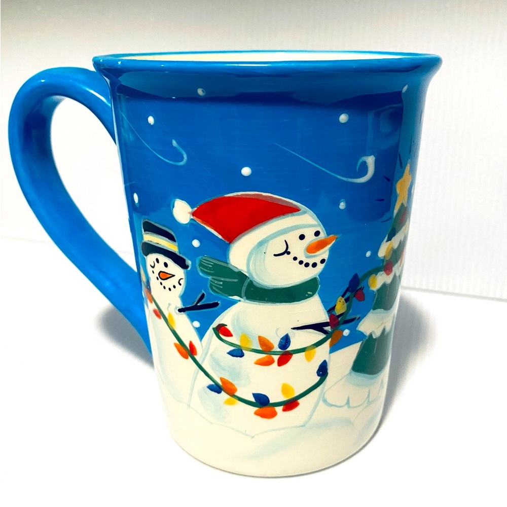 Frosty The Snowman Ceramic Holiday Christmas  L Coffee Tea Mug Blue Snowflakes